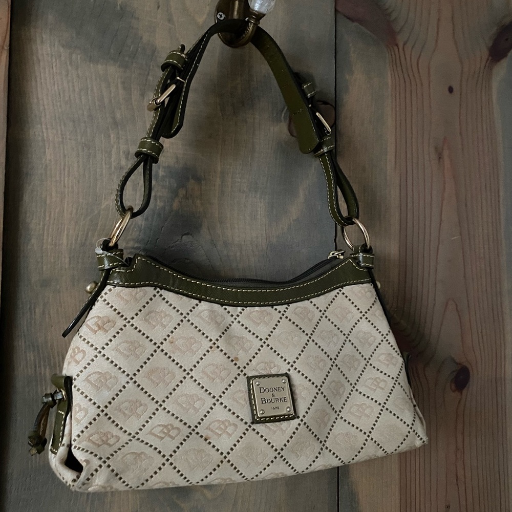 Vintage Dooney & Bourke Monogrammed Shoulder Bag; Purse; Tan w Olive Green Trim